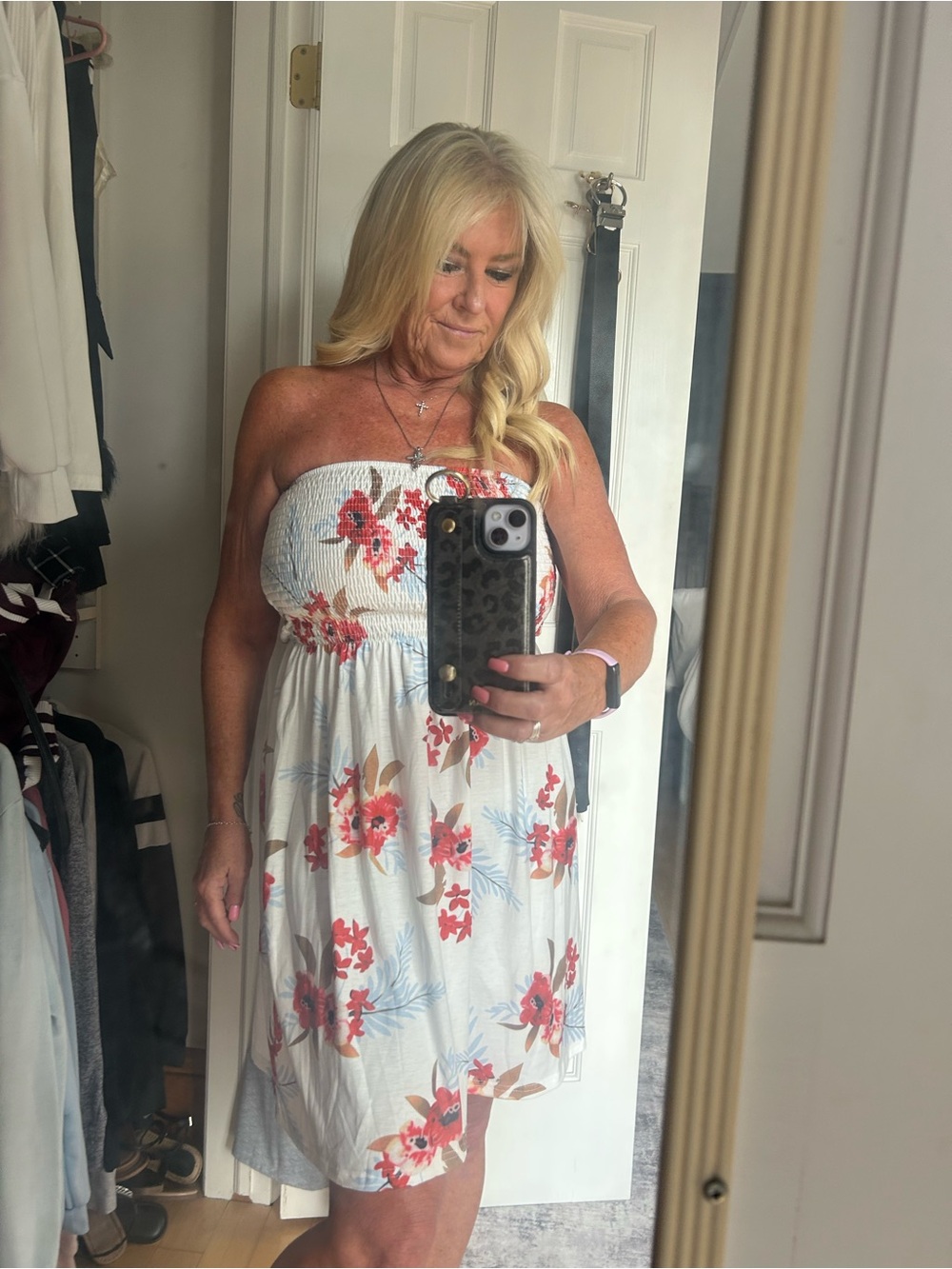 Floral Strapless Summer Dress in White with Red Blooms